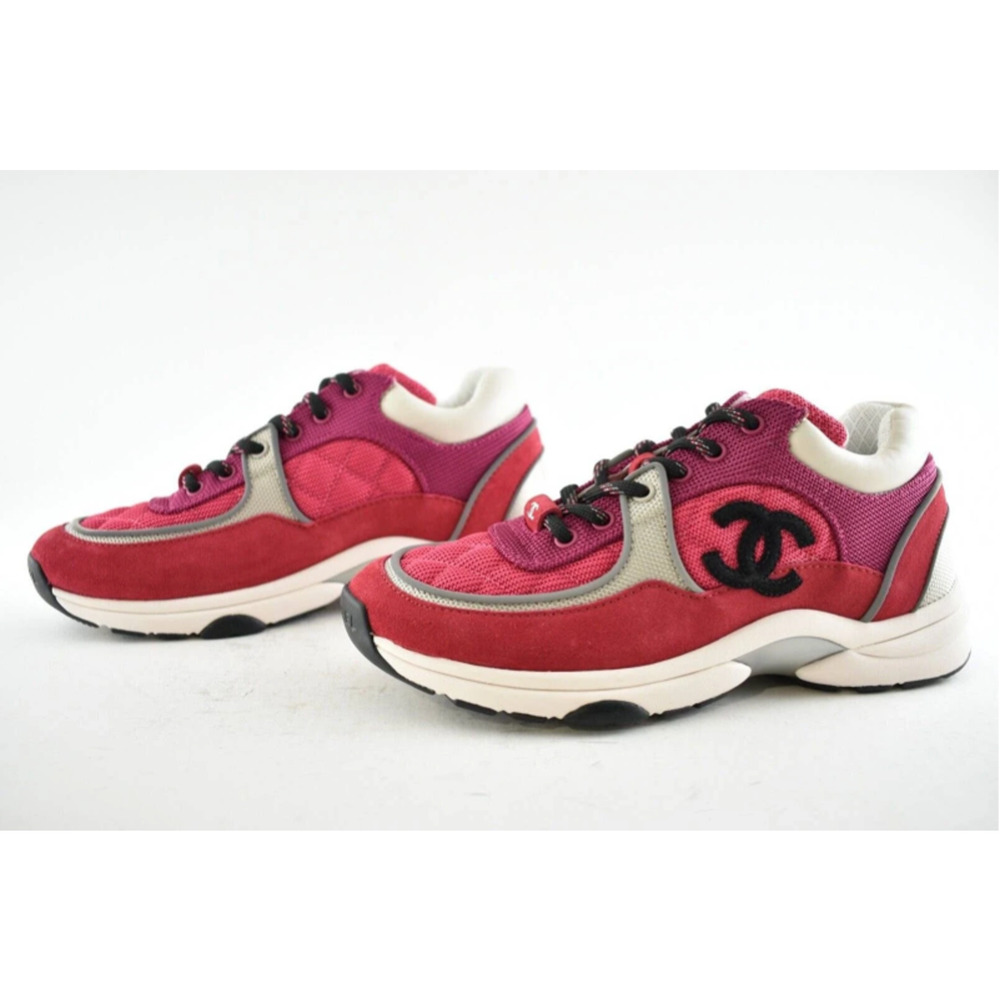 Chanel 21B Pink Black White Silver CC Logo Tie Flat Runner Trainer Sneaker 39 - Picture 9 of 12